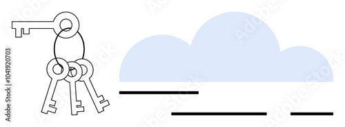 Keys on a keyring are next to a cloud. Ideal for security, cloud storage, data protection, key management, digital access. Simple, modern, clean