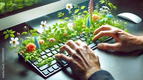 Hands type on a keyboard covered with vibrant flowers and plants, blending technology and nature in a surreal, eco-friendly workspace.