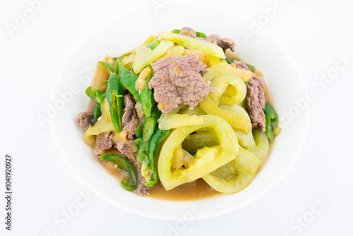 A dish of home-cooked green tomato beef