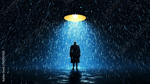 A Solitary Figure in the Rain: Reflecting on Emotions Under a Harsh Light