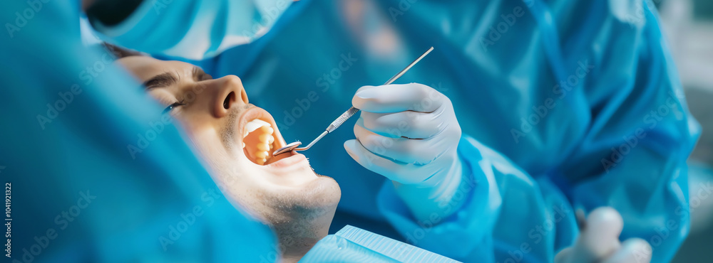Dentist examining a patient's teeth in a clinic, AI generated Dentist examining a patient's teeth in a clinic, AI generated