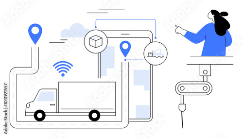 Woman pointing at interconnected elements like a truck, location markers, and factory equipment. Ideal for logistics management, supply chain, transportation, technology integration, modern business