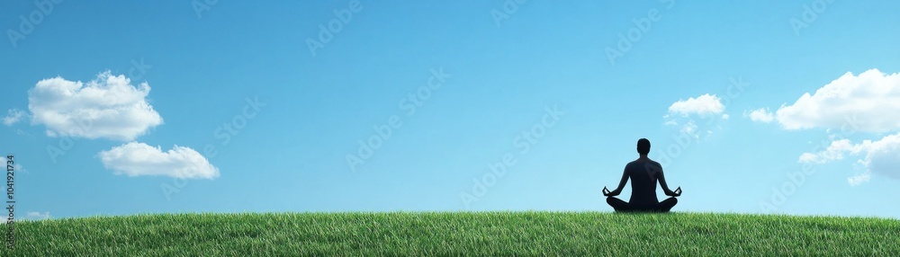 A person meditating on a grassy hill under a clear blue sky with clouds. A person meditating on a grassy hill under a clear blue sky with clouds.