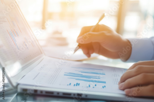 Businessman analyzing quarterly performance charts, strategizing for future growth, focusing on data-driven decisions and market expansion.