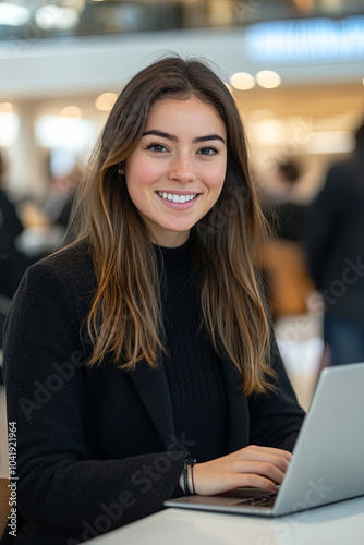 Young professional smiling while answering an email in an airport