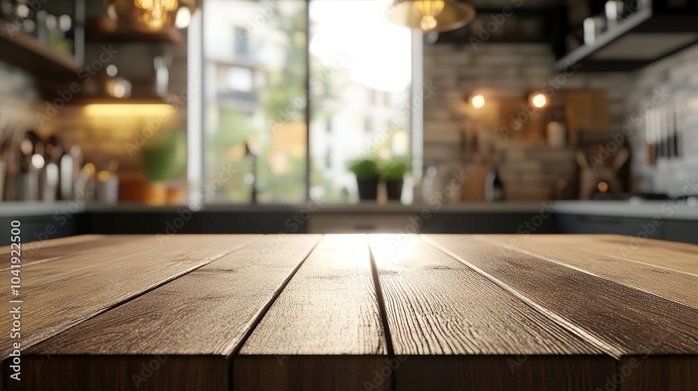 Wooden Table Surface in Bright Modern Kitchen Wooden Table Surface in Bright Modern Kitchen