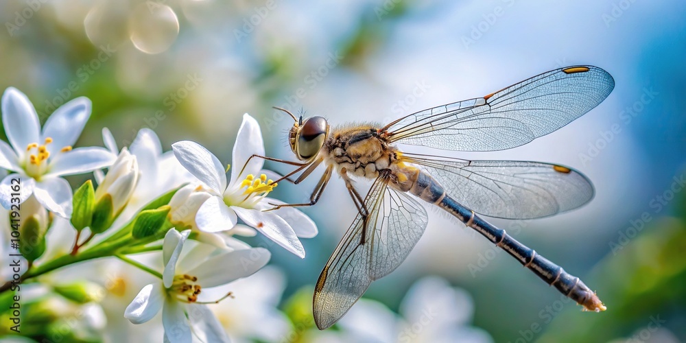 Close-up of a dragonfly on white wrightia religiosa flower Close-up of a dragonfly on white wrightia religiosa flower
