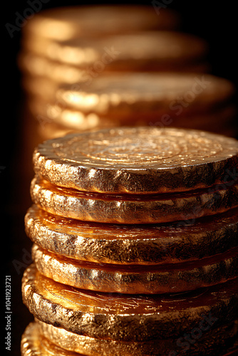 Golden coins stacked elegantly, reflecting soft light, evoke sense of celebration and tradition. Perfect for themes of wealth, festivity, or cultural significance photo