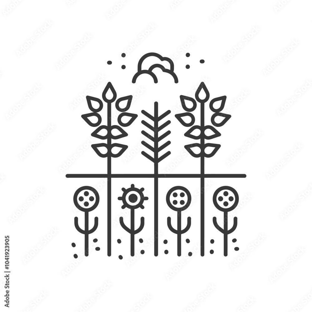 Stylized Line Art Illustration of Plants with Clouds and Dots