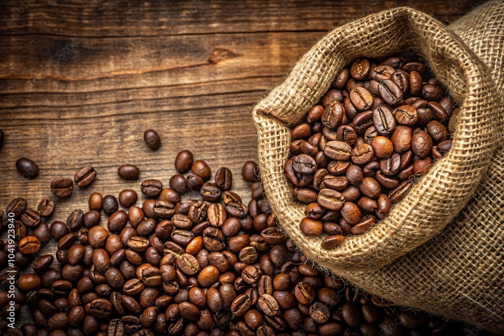 Close-up rustic coffee sack and bean composition Close-up rustic coffee sack and bean composition
