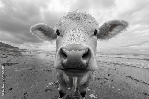 White Cow Looking at Camera on a Beach photo