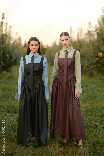 Two stylish girls in dresses with ties in the summer garden. Fashion show in nature