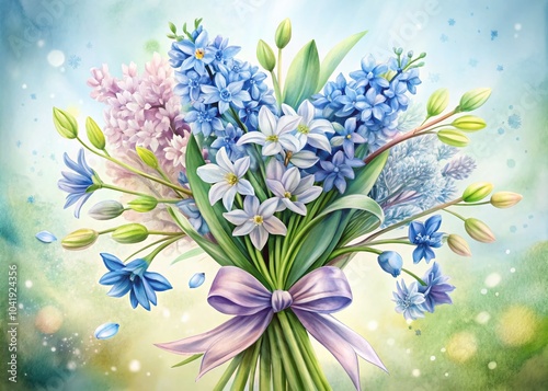 Light Blue Scillas Bouquet - Spring Flowers Watercolor Botanical Illustration photo