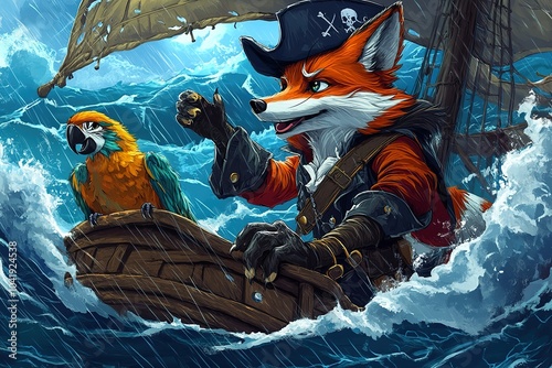 Pirate Fox and Parrot braving the stormy seas in a cartoon style adventure, perfect for children's books