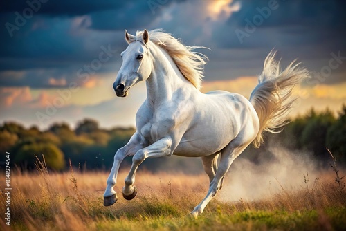 description: Picture of a galloping white horse in macro focus