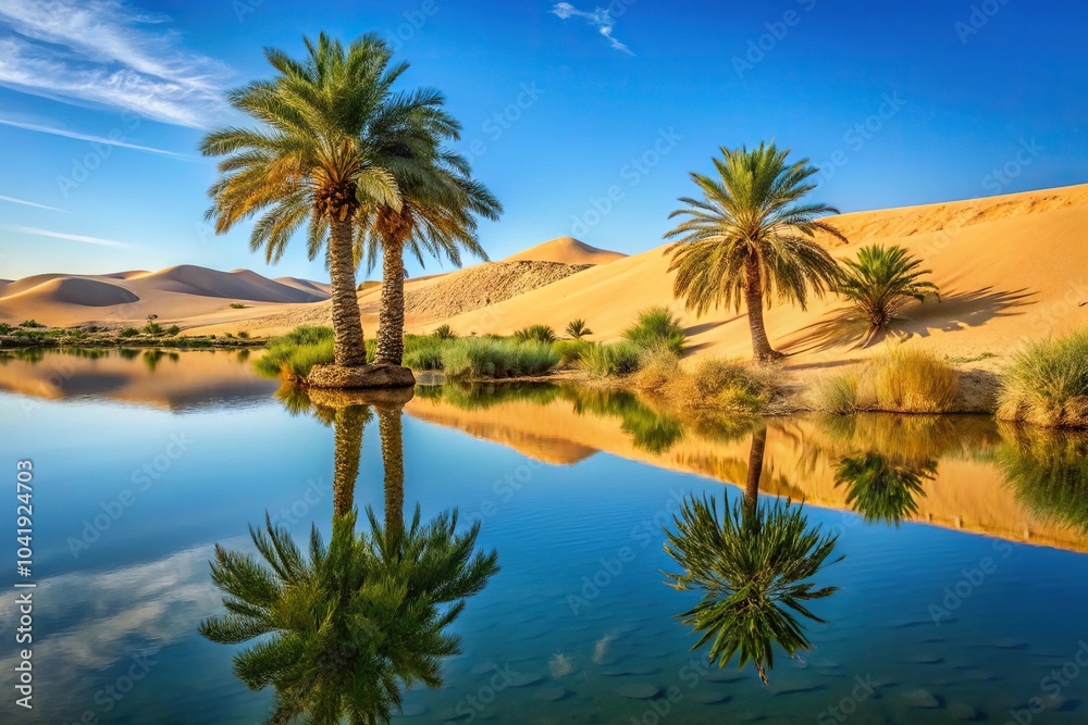 Desert oasis with lake and palm tree Desert oasis with lake and palm tree