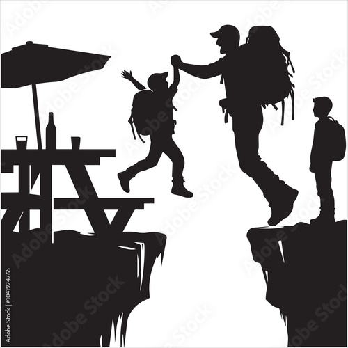 Hiker people joyfully jump from a cliff, framed by a stunning sunset, symbolizing exhilaration and the spirit of adventure.