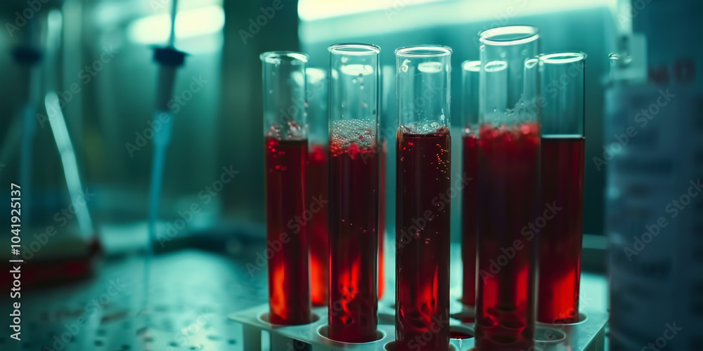 Row of medical flask with red liquid on a table in the laboratory. Blood test tube.
