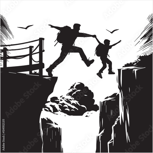 Hiker people joyfully jump from a cliff, framed by a stunning sunset, symbolizing exhilaration and the spirit of adventure.