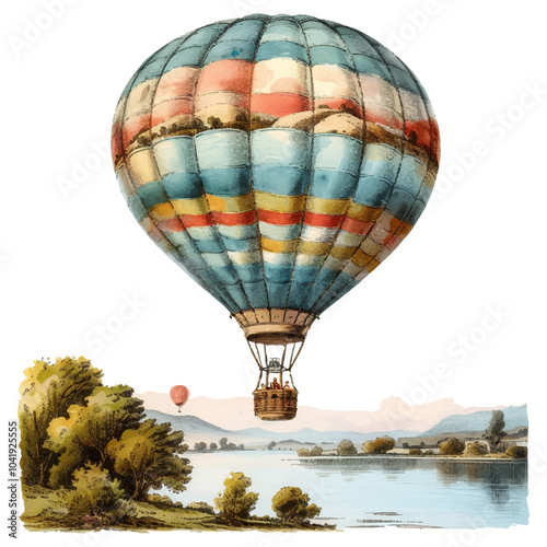 flying hot air balloon with lake view vector illustration in watercolor style