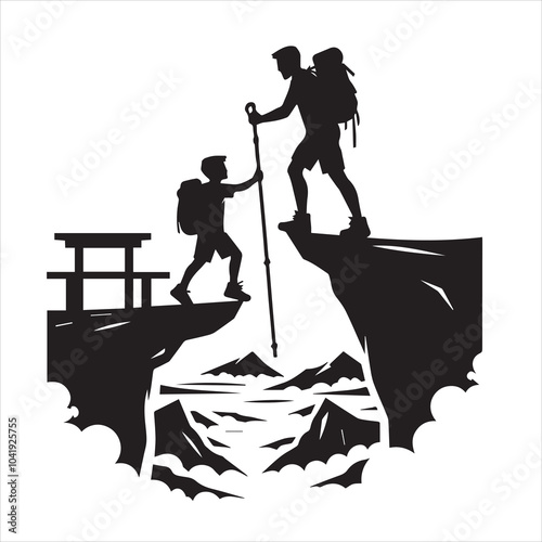 Hiker people joyfully jump from a cliff, framed by a stunning sunset, symbolizing exhilaration and the spirit of adventure.