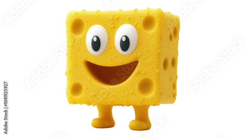 A cheerful yellow sponge character with big eyes and a wide smile, standing on small legs, ready for fun adventures and laughter.