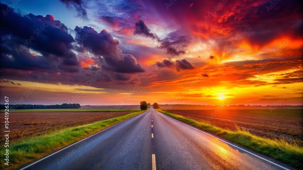 Naklejka premium Long Empty Road at Sunset - Scenic HDR Landscape Photography