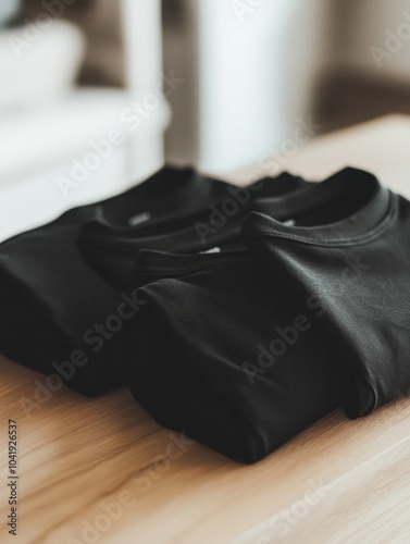 Neatly folded minimalist sportswear in black sits on a smooth wooden table, creating a calming and organized atmosphere indoors. Generative AI