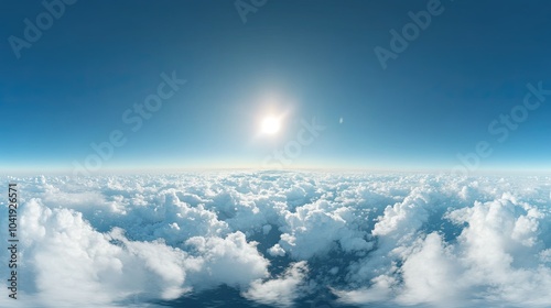 Wide-angle panoramic shot of fair-weather clouds scattered across the sky, creating a peaceful and airy feeling on a clear, sunny day. --chaos