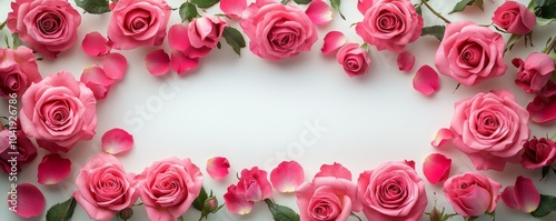 Flat Lay of Vibrant Pink Roses Surrounding a Blank White Space