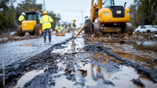 Close-Up of Construction Workers Repairing a Road After Hurricane Flood