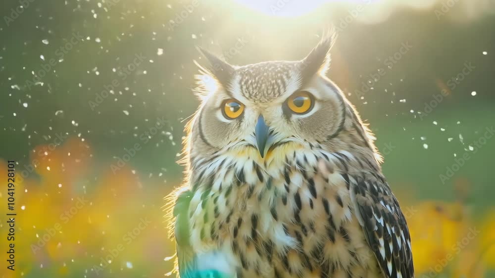 Majestic owl in sunlit forest captured in golden hour with glowing feathers Majestic owl in sunlit forest captured in golden hour with glowing feathers