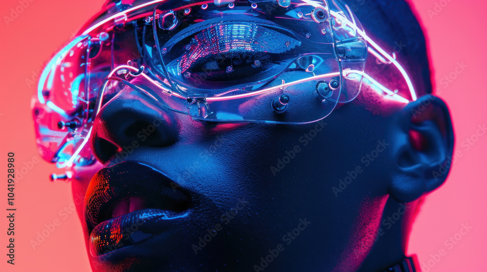 A bold conceptual portrait of a person wearing a futuristic mask, with neon lights reflecting in the background, exploring themes of identity and technology A bold conceptual portrait of a person wearing a futuristic mask, with neon lights reflecting in the background, exploring themes of identity and technology
