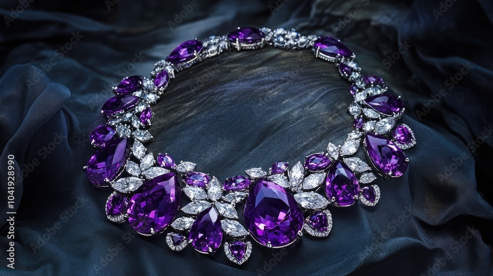 Fototapeta premium A breathtaking necklace featuring radiant purple amethysts and shimmering diamonds, beautifully arranged on a deep, dark background.
