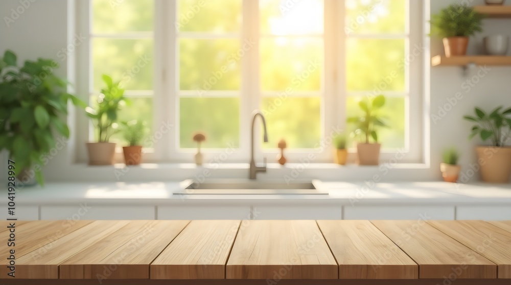 Fototapeta premium Empty Wooden Table with Bright White Kitchen Interior and Bokeh Golden Sunshine – Perfect Background for Product Display