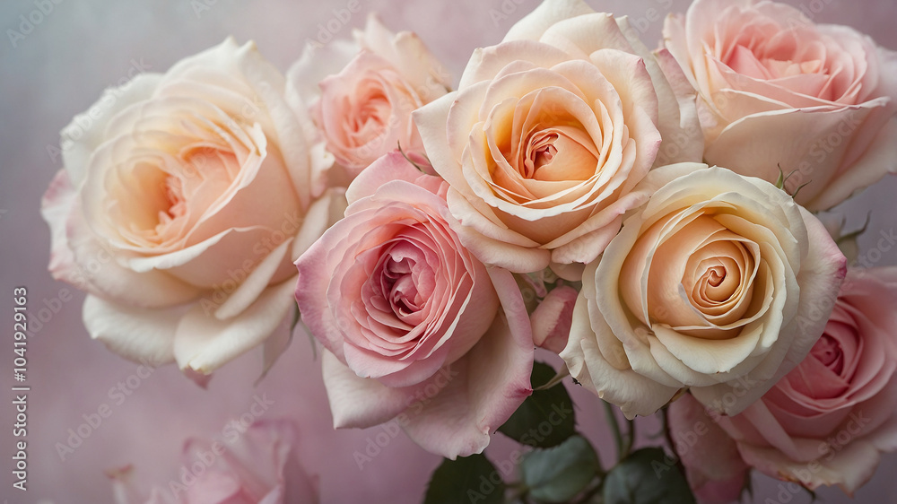 Elegant and soft roses in various pastel shades creating a serene and harmonious floral arrangement bouquet. Elegant and soft roses in various pastel shades creating a serene and harmonious floral arrangement bouquet.