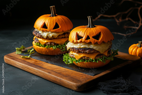 Add some frightful fun to your Halloween food concept by serving burgers shaped like scary pumpkins, set on a natural wooden board that fits the festive mood photo