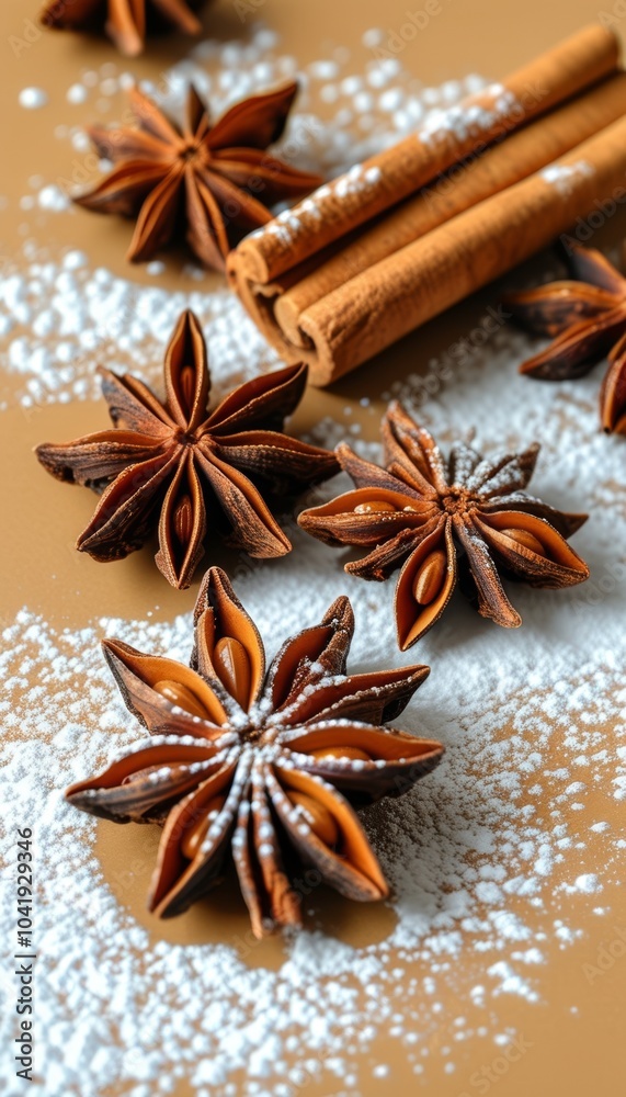 A close-up of cinnamon sticks and star anise with sugar powder. A close-up of cinnamon sticks and star anise with sugar powder.