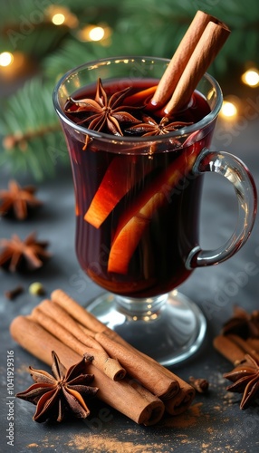 A glass mug filled with mulled wine infused with cinnamon sticks, star anise, and orange slices, set against a festive backdrop of Christmas lights and pine branches.