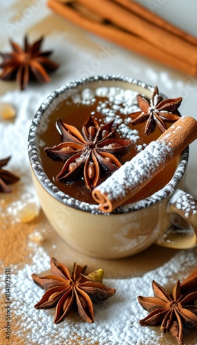 A cup of tea decorated with cinnamon sticks and star anise, resting on a bed of powdered sugar.