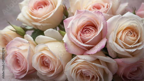 Elegant and soft roses in various pastel shades creating a serene and harmonious floral arrangement bouquet.