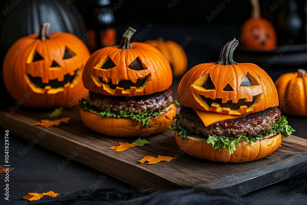 Make your Halloween party unforgettable with spooky pumpkin-shaped burgers, creatively placed on a natural wooden board that enhances the eerie atmosphere Make your Halloween party unforgettable with spooky pumpkin-shaped burgers, creatively placed on a natural wooden board that enhances the eerie atmosphere
