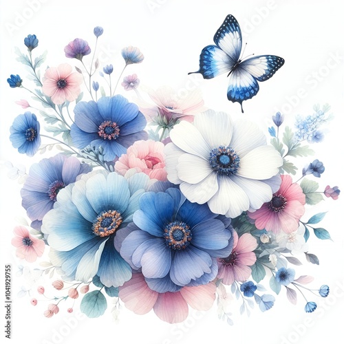 Watercolor painting featuring blue, pink, and white flowers with a butterfly in the center
