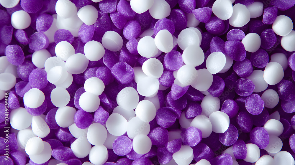 closeup of purple and white masterbatch granules, plastic beats pellets for industry extrusion and injection molding. closeup of purple and white masterbatch granules, plastic beats pellets for industry extrusion and injection molding.