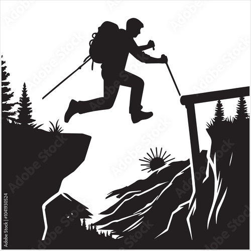 Hiker people joyfully jump from a cliff, framed by a stunning sunset, symbolizing exhilaration and the spirit of adventure.
