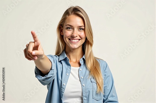 Optimistic and Forward-Looking Woman Pointing with a Bright Smile, Symbolizing Positivity, Confidence, and Hope for the Future photo