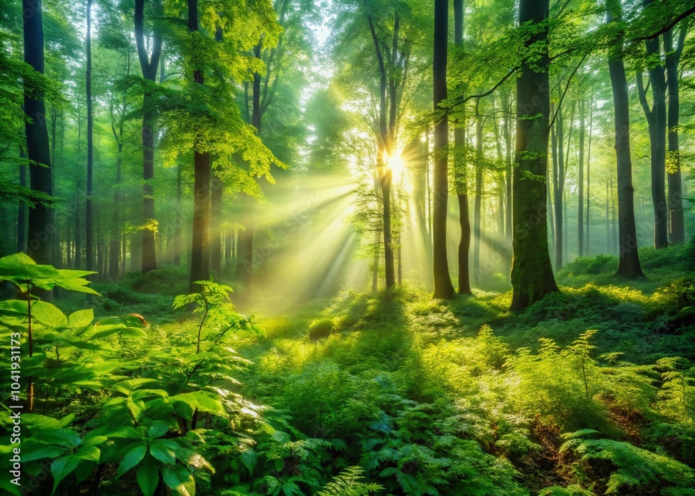 Naklejka premium Lush Green Forest at Dawn - Vibrant Morning Light and Nature's Serenity