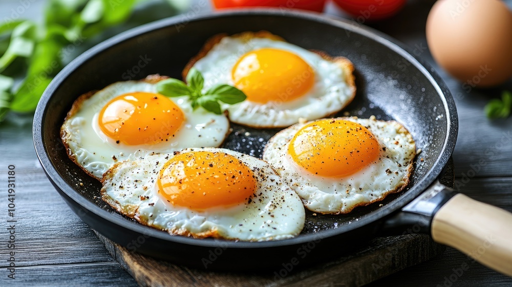 A frying pan holds perfectly cooked sunny-side-up eggs with golden yolks, A frying pan holds perfectly cooked sunny-side-up eggs with golden yolks,