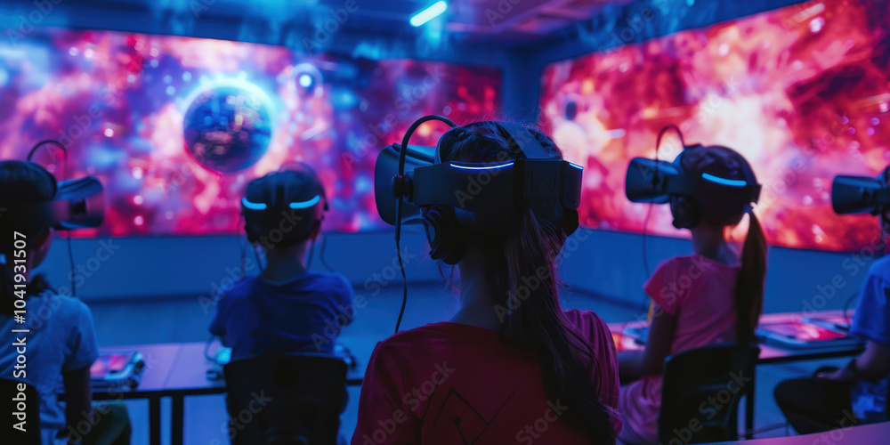 A classroom where students use virtual reality to explore a simulated world, gaining knowledge through experiential learning activities