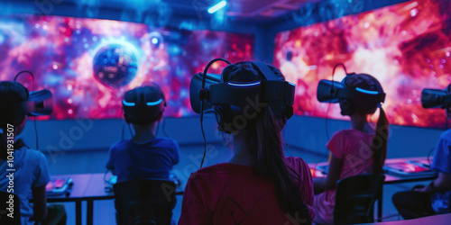 Obraz na płótnie A classroom where students use virtual reality to explore a simulated world, gaining knowledge through experiential learning activities w salonie